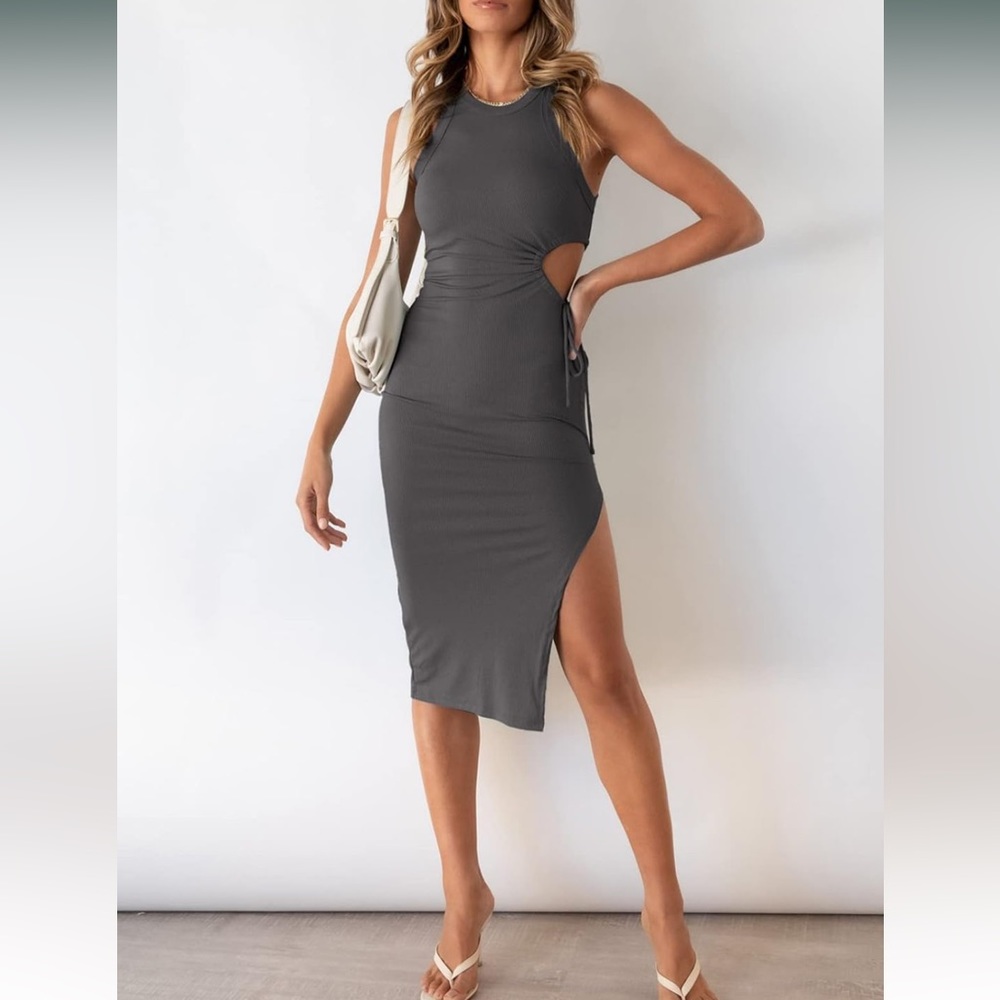 Womens Summer Sleeveless Ribbed Knit Dress Sexy Side Split Bodycon Club Party